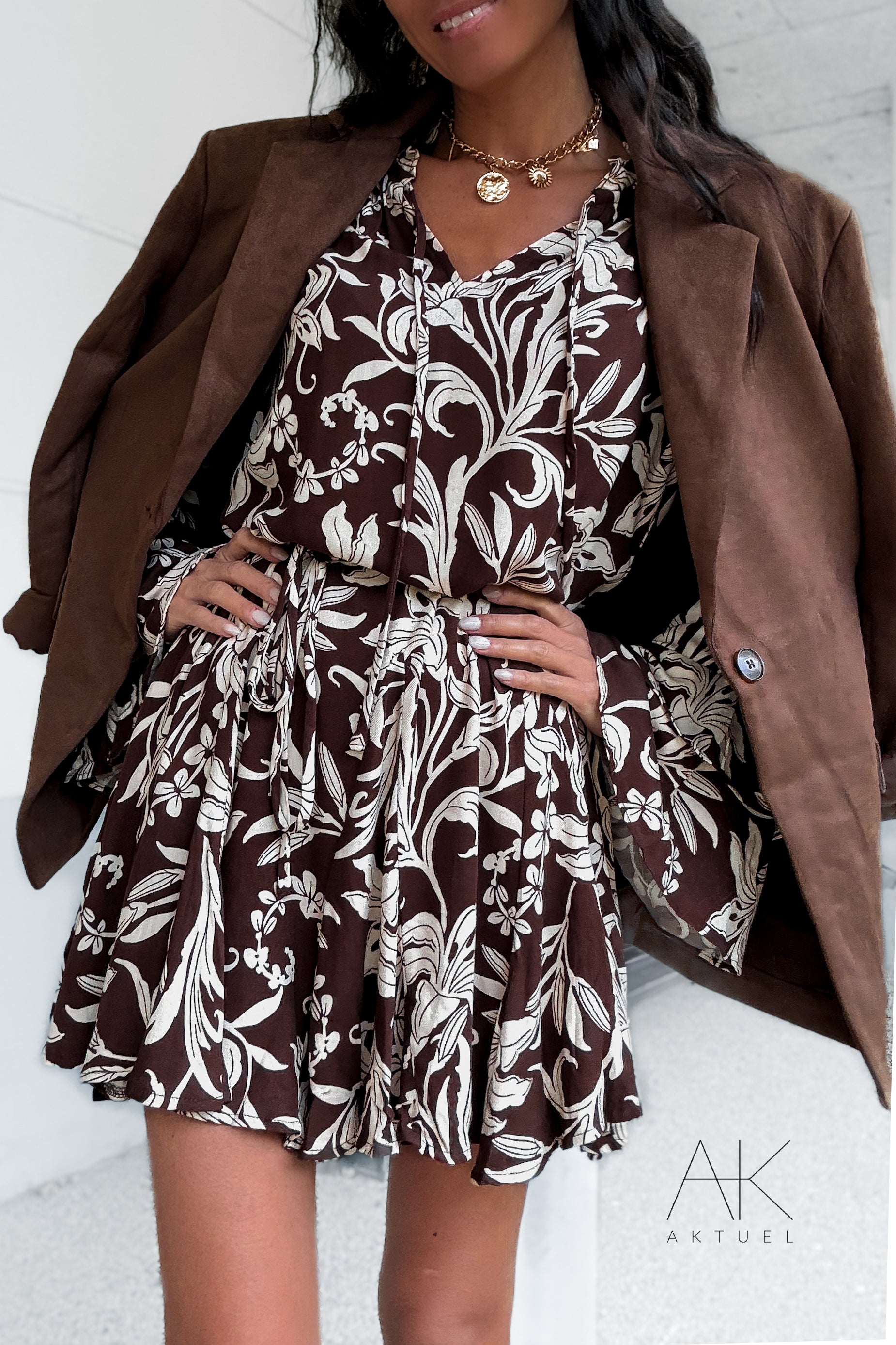 Robe patineuse à imprimé floral chocolat