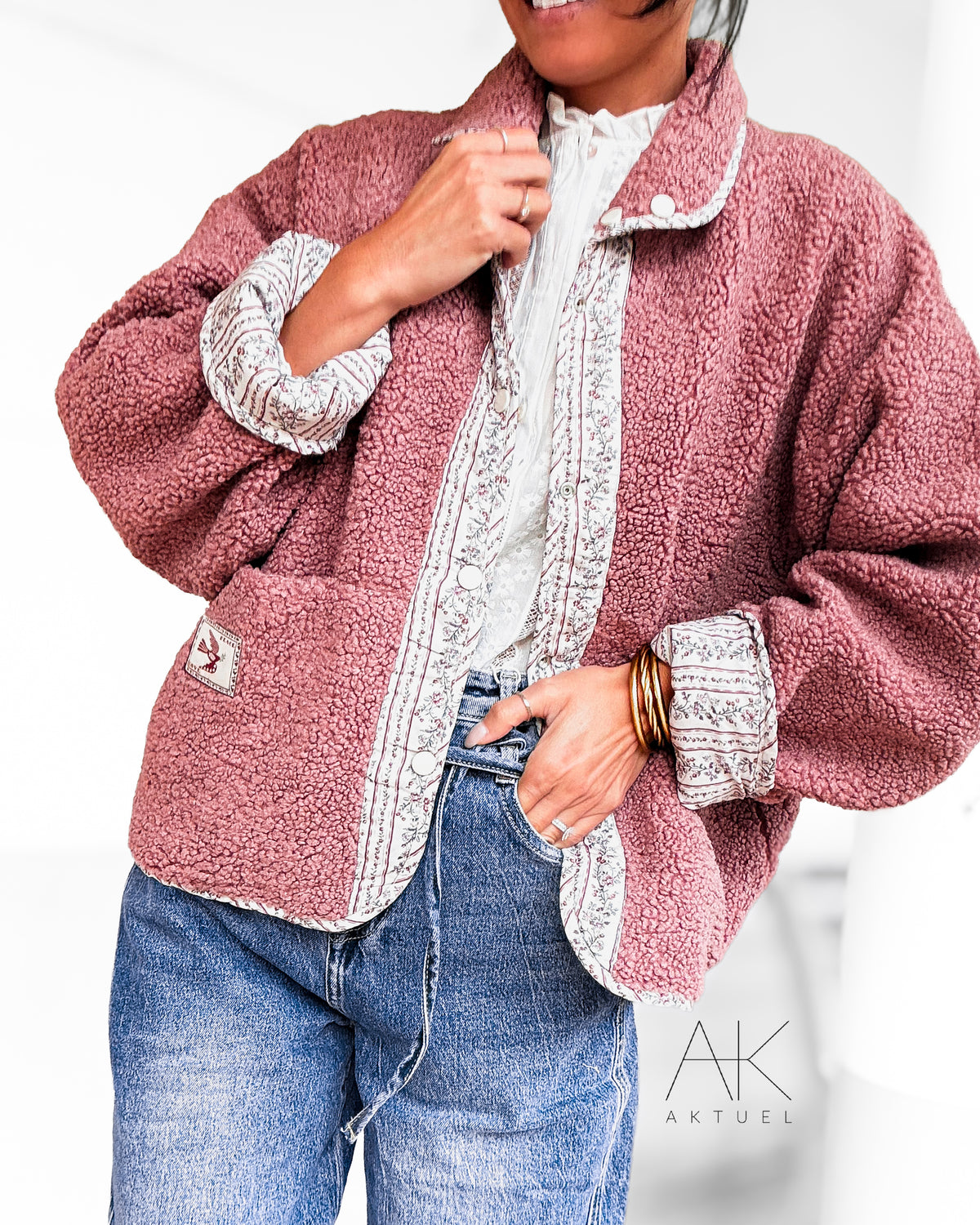 Veste réversible moumoute bois de rose & imprimé fleuri