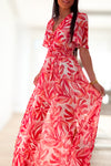 Robe longue à feuillage rouge corail