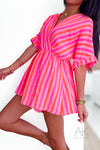 Combishort en gaze de coton rayée rose fluo & corail