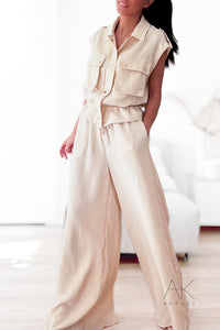 Pantalon fluide écru taille élastique