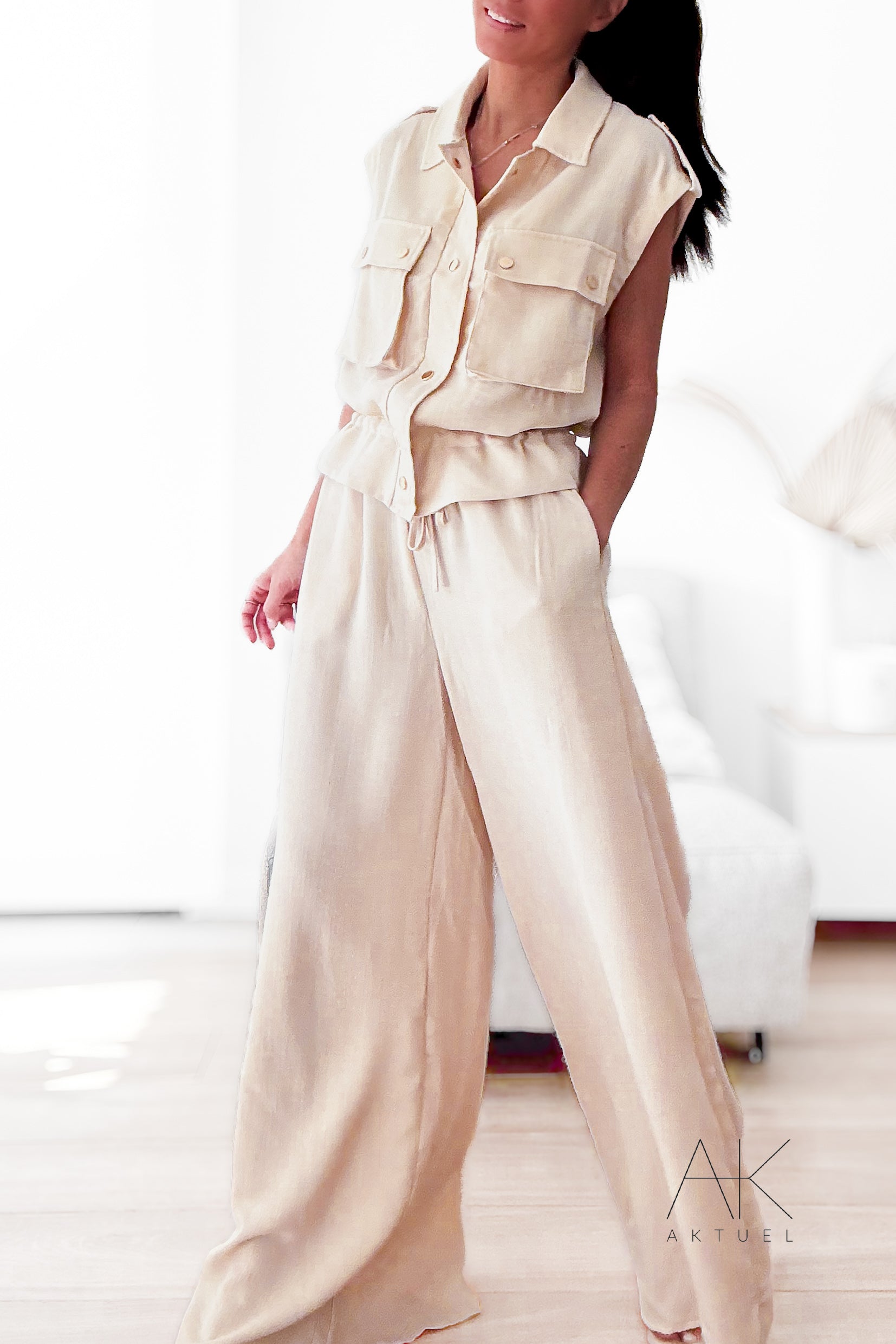 Pantalon fluide écru taille élastique