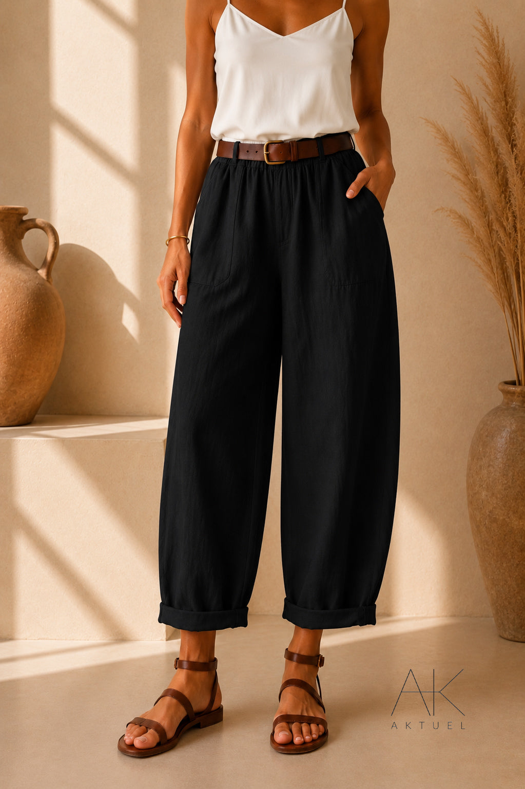 Pantalon barrel en lin noir
