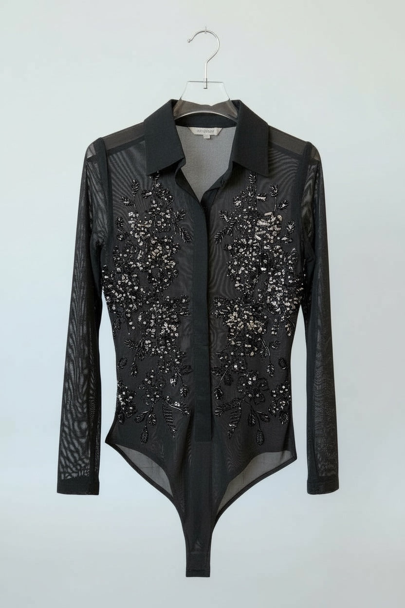 Body chemise transparente à sequins noirs