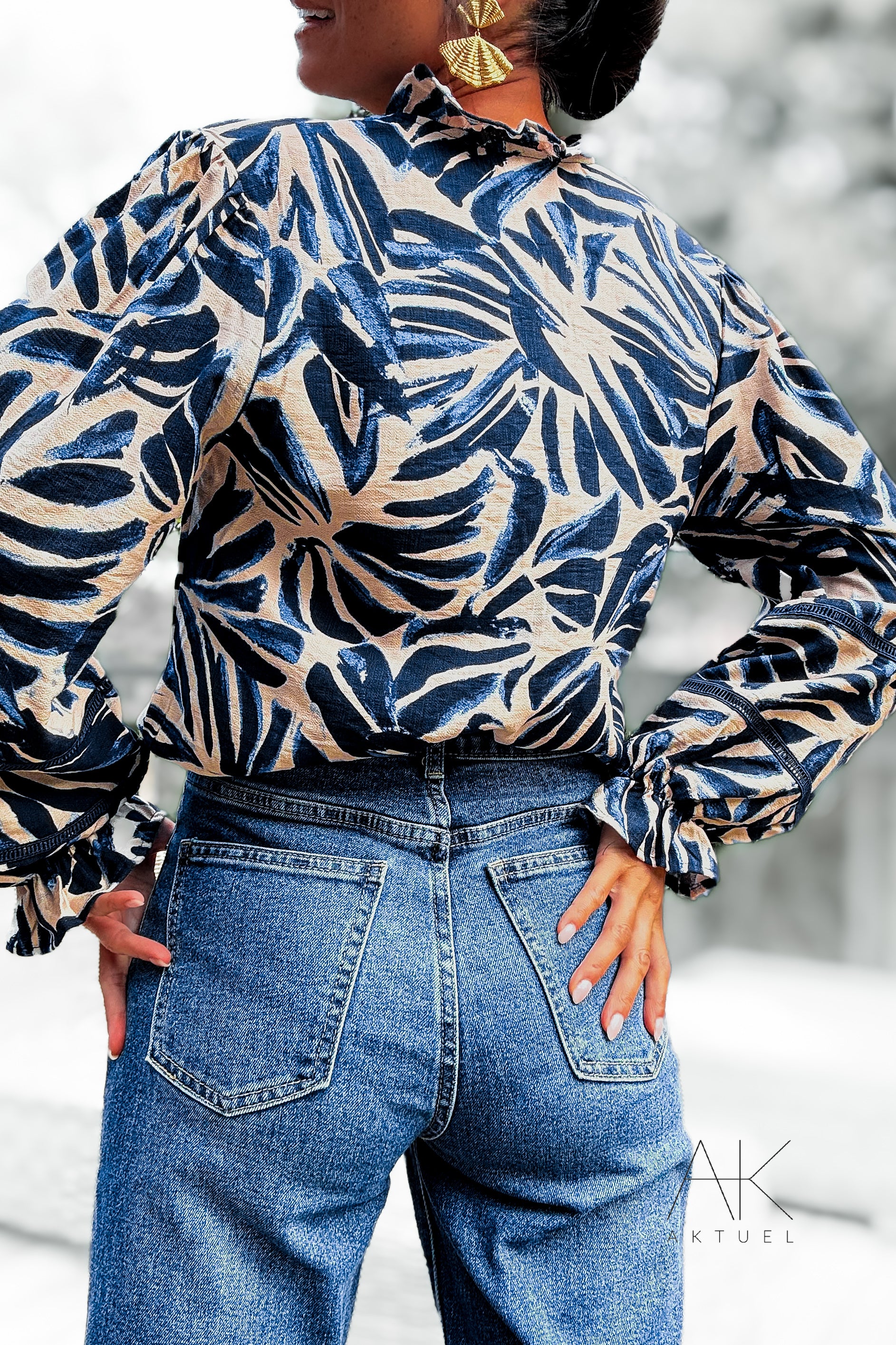 Chemise fluide à imprimé feuillage bleu marine