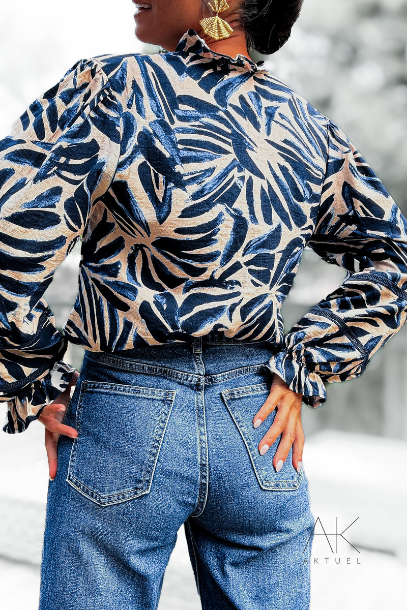 Chemise fluide à imprimé feuillage bleu marine