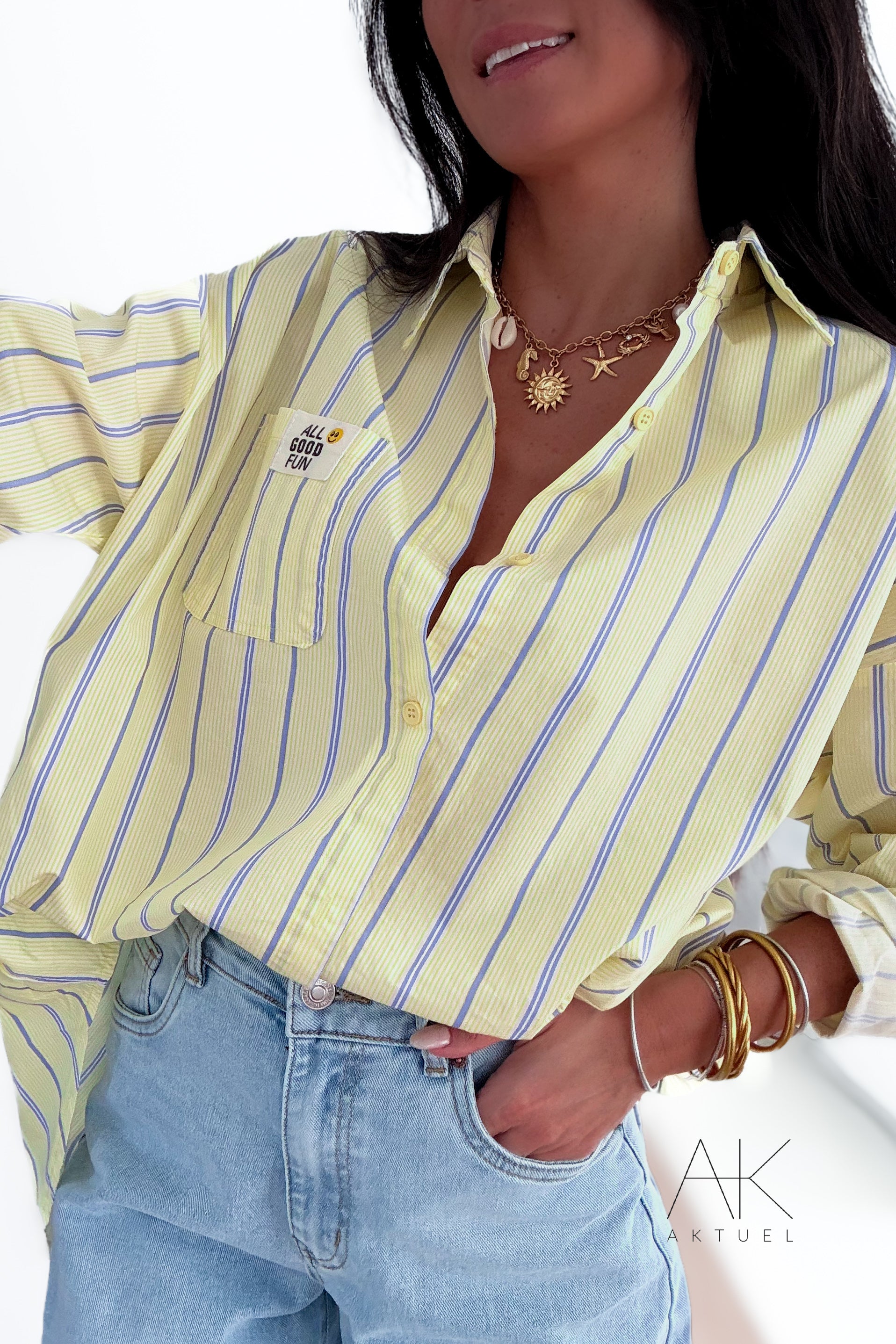 Chemise jaune rayée oversize “All Good Fun”