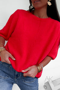 Pull rouge alpaga à manches courtes