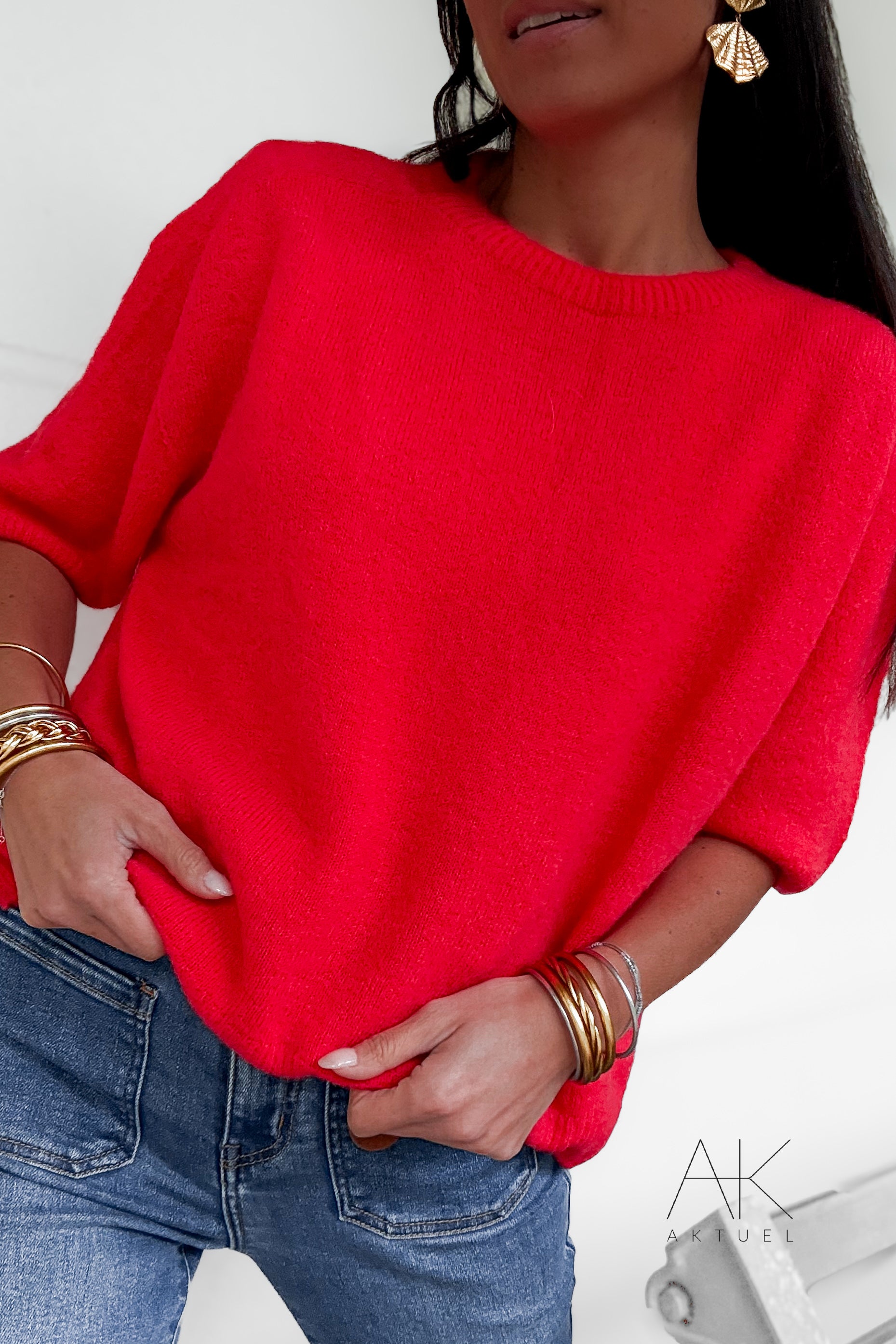 Pull rouge alpaga à manches courtes