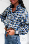 Chemise à carreaux col volant bleu et noir