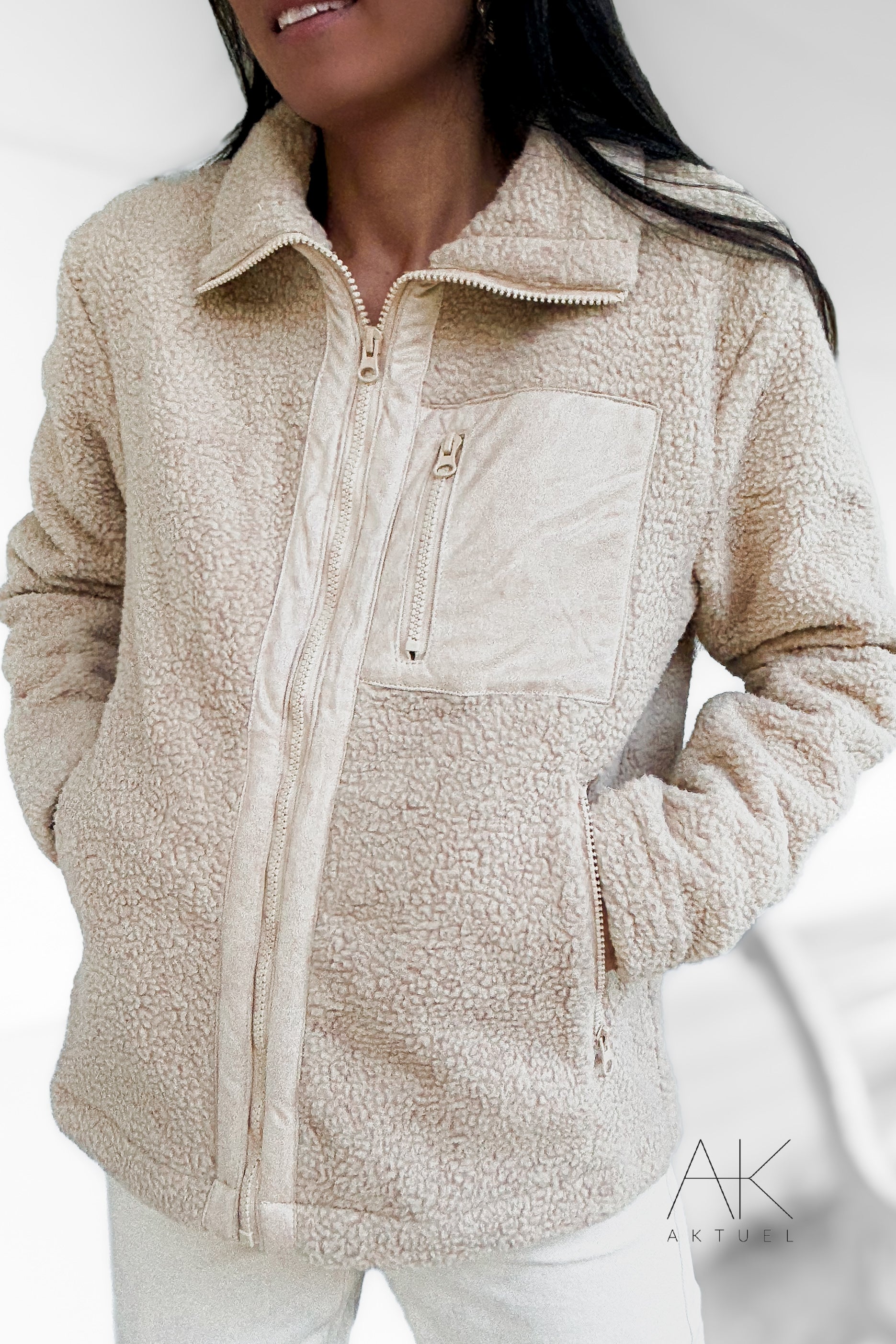 Veste sherpa zippée beige