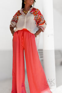 Pantalon fluide satiné corail