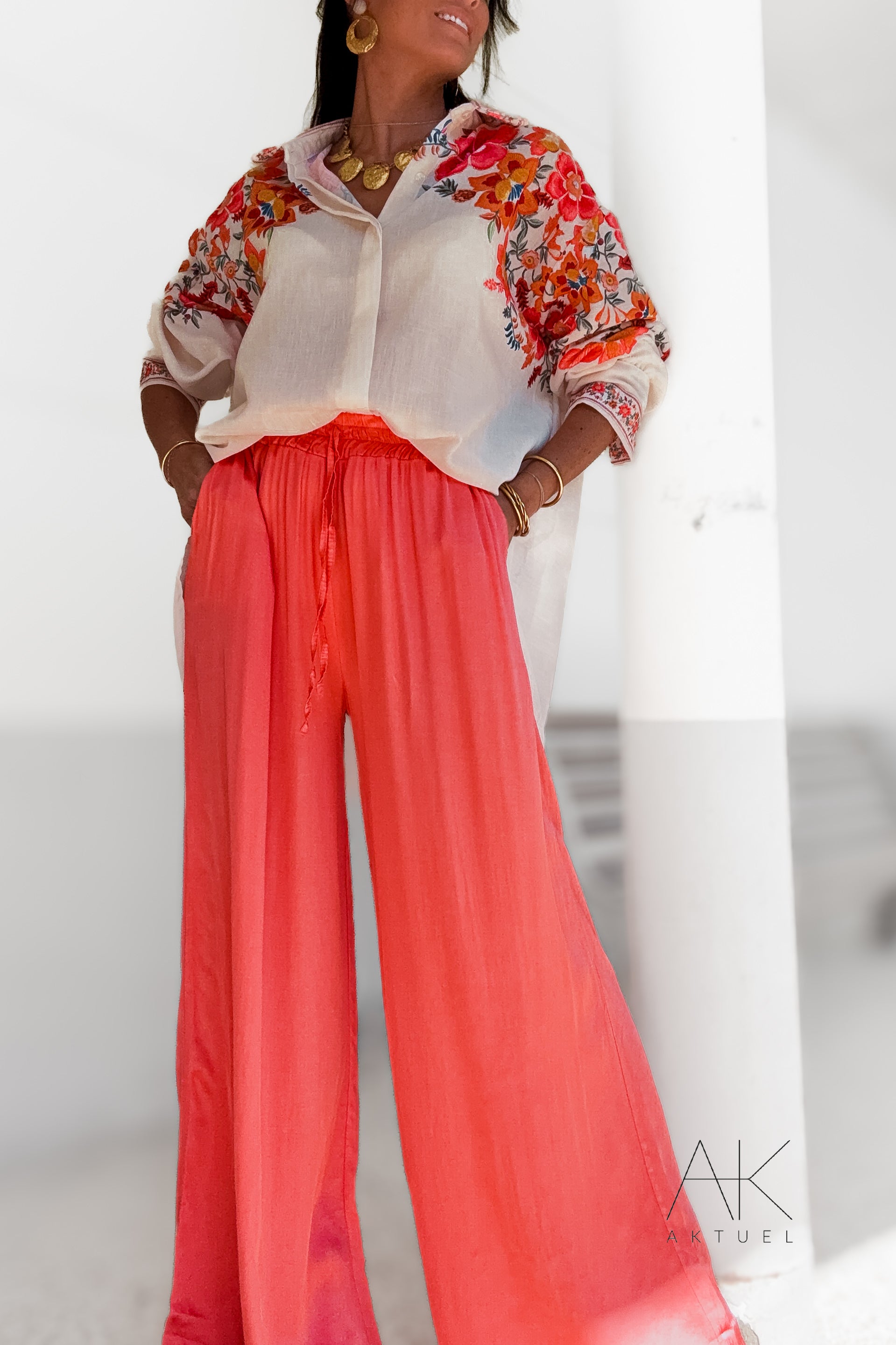 Pantalon fluide satiné corail