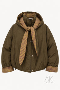 Blouson courte à capuche et détails à carreaux marron kaki
