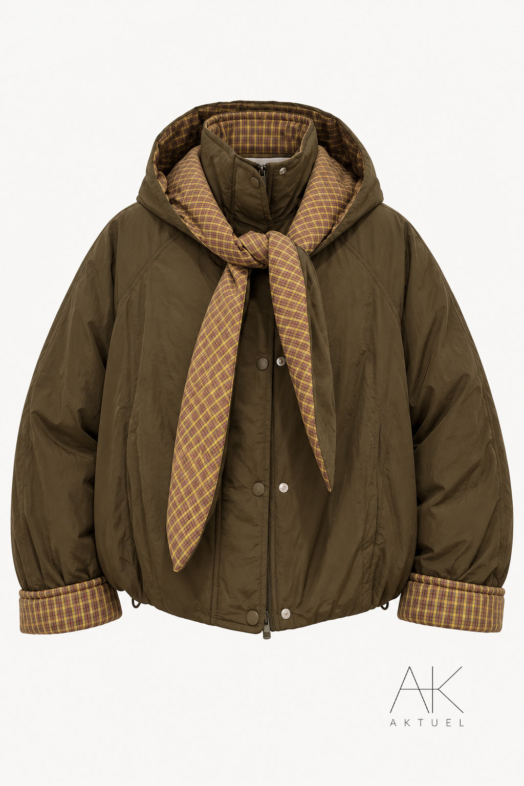 Blouson courte à capuche et détails à carreaux marron kaki