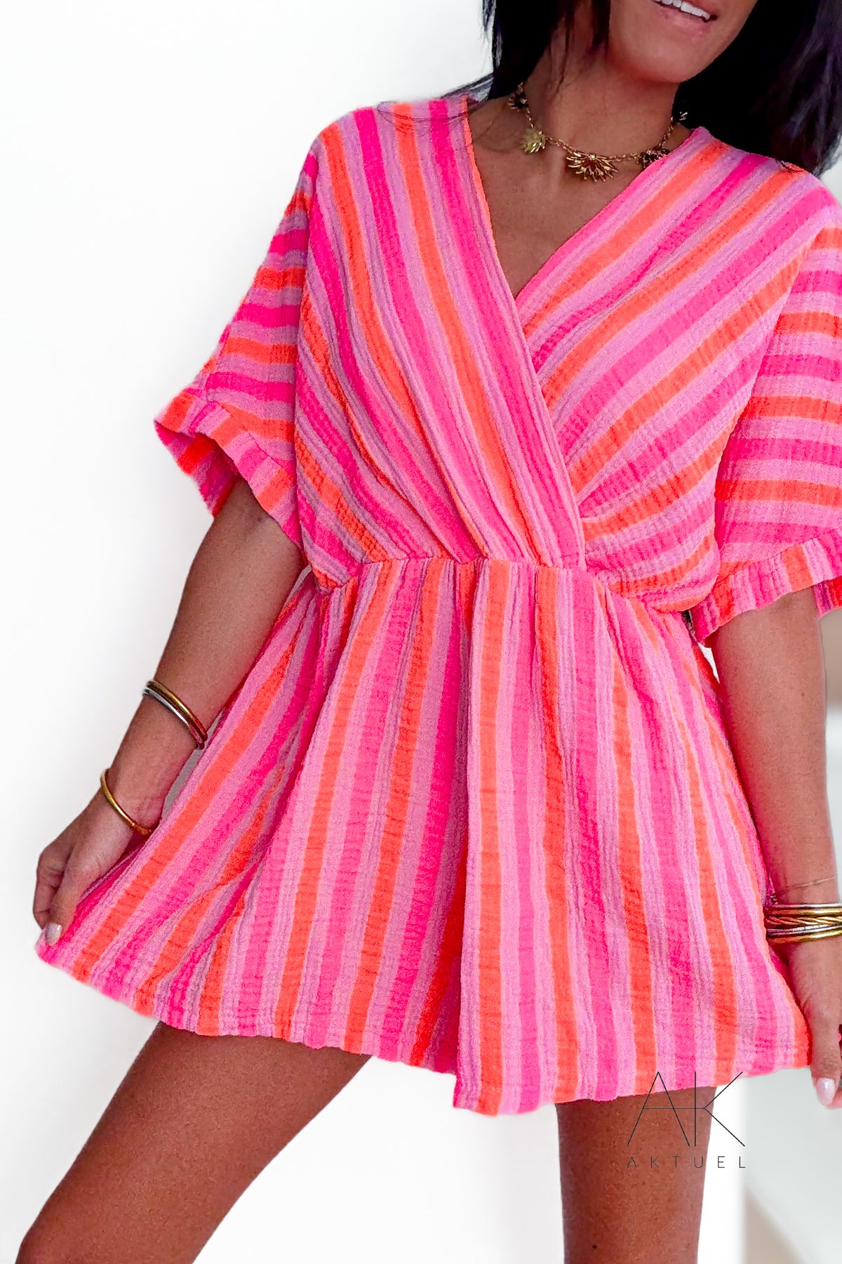 Combishort en gaze de coton rayée rose fluo & corail