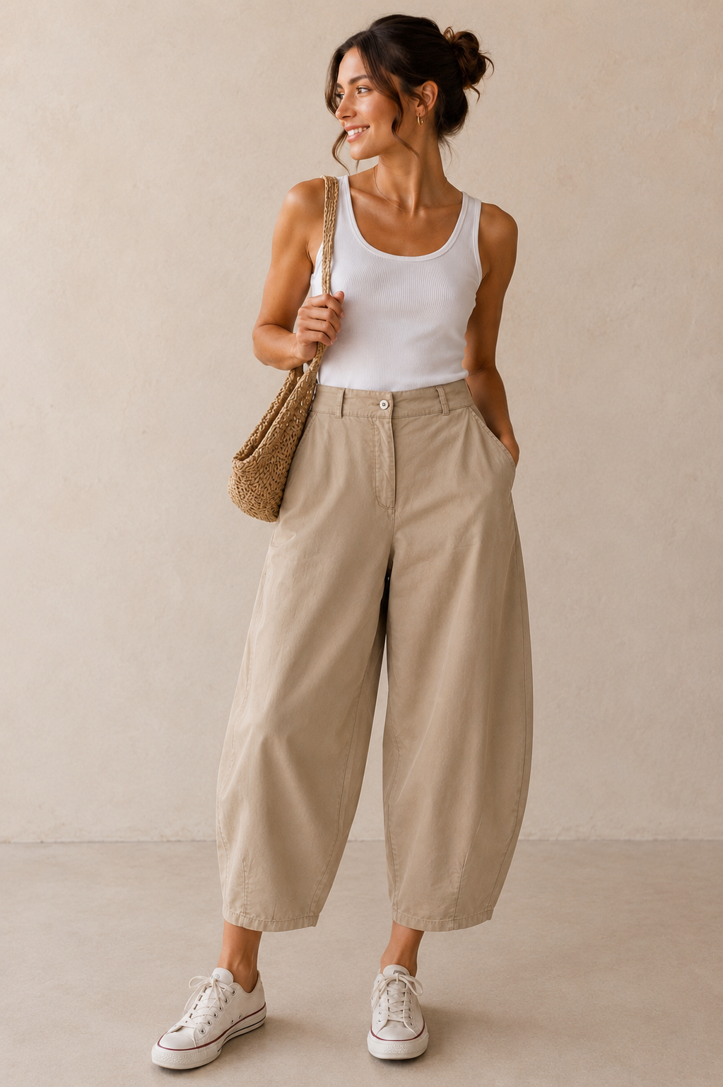Pantalon barrel en coton beige