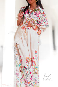 Chemise lin imprimé fleurs colorées