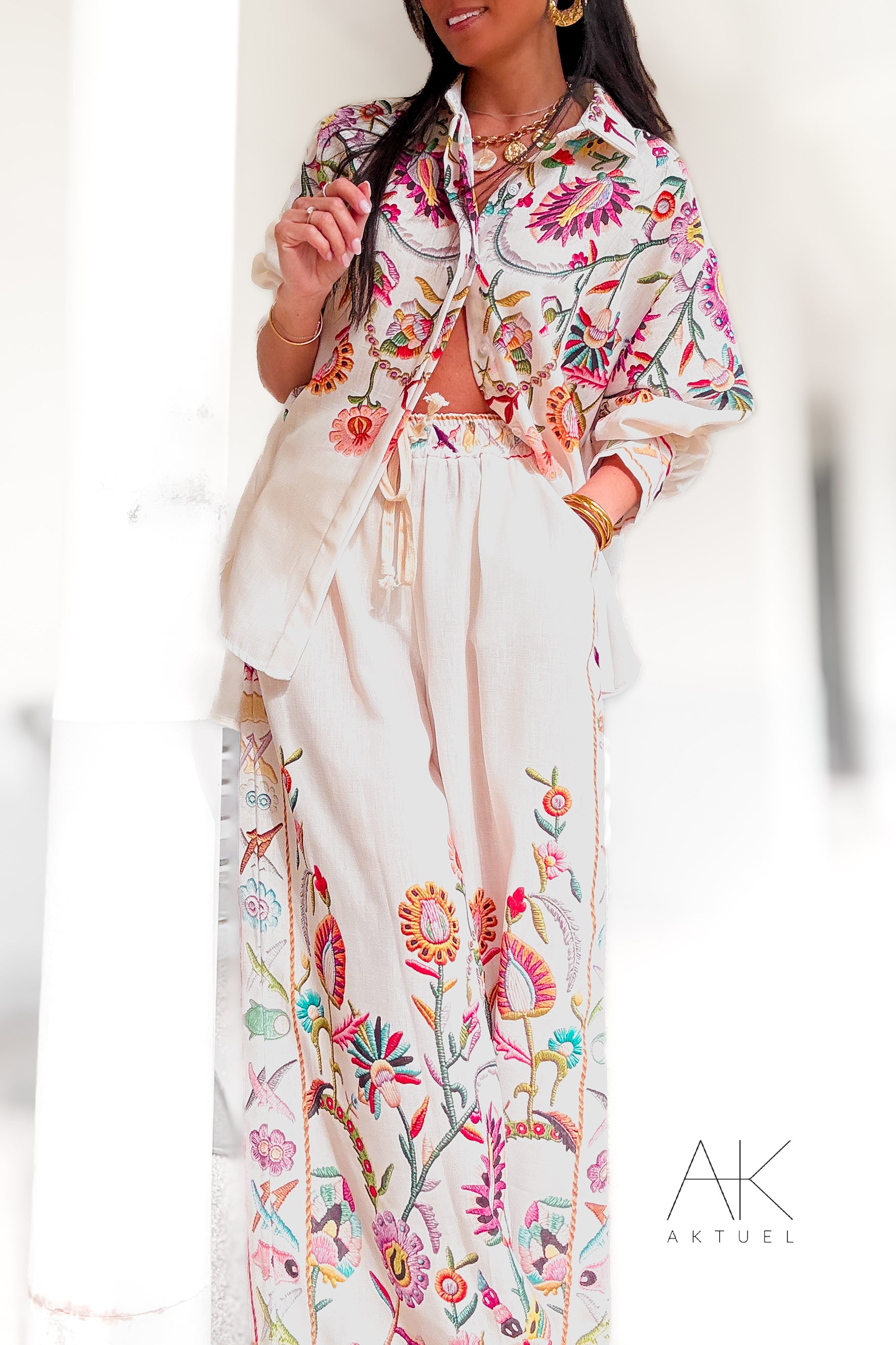 Chemise lin imprimé fleurs colorées