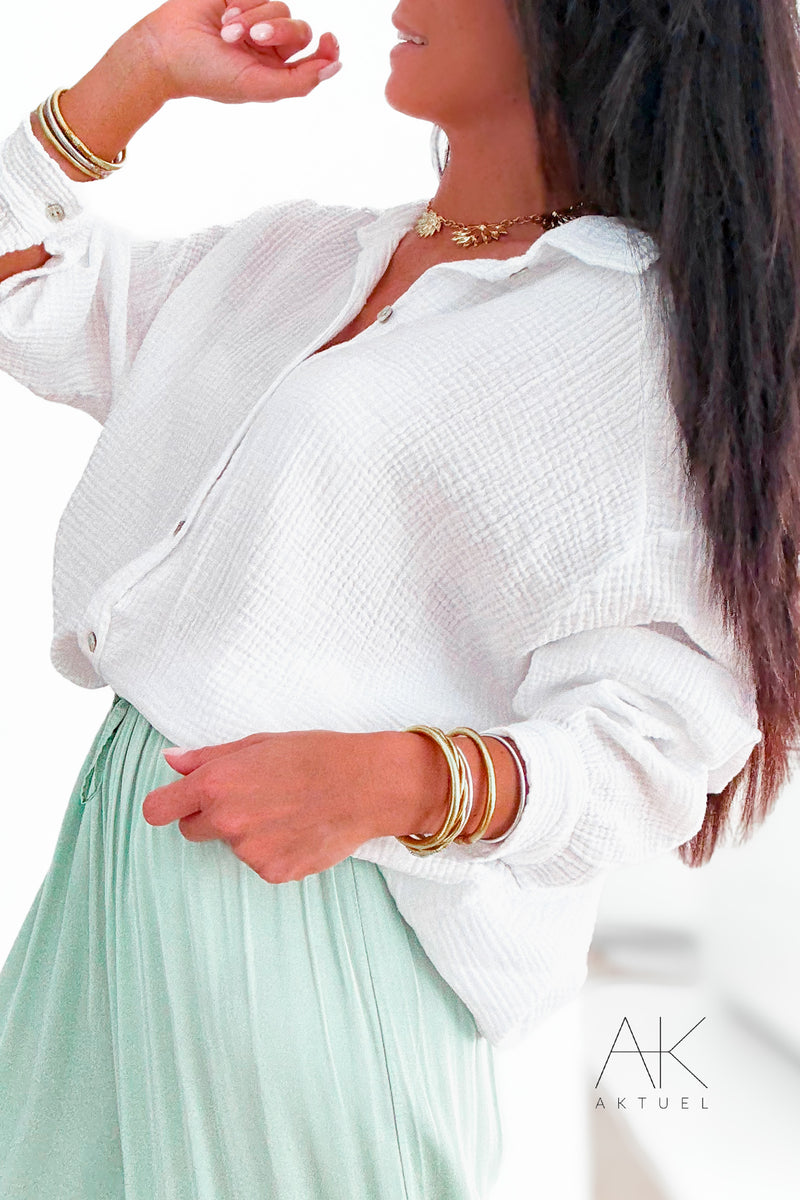Chemise manches longues ample en gaze de coton blanc