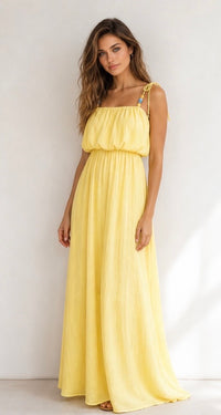Robe longue jaune soleil à bretelles perlées