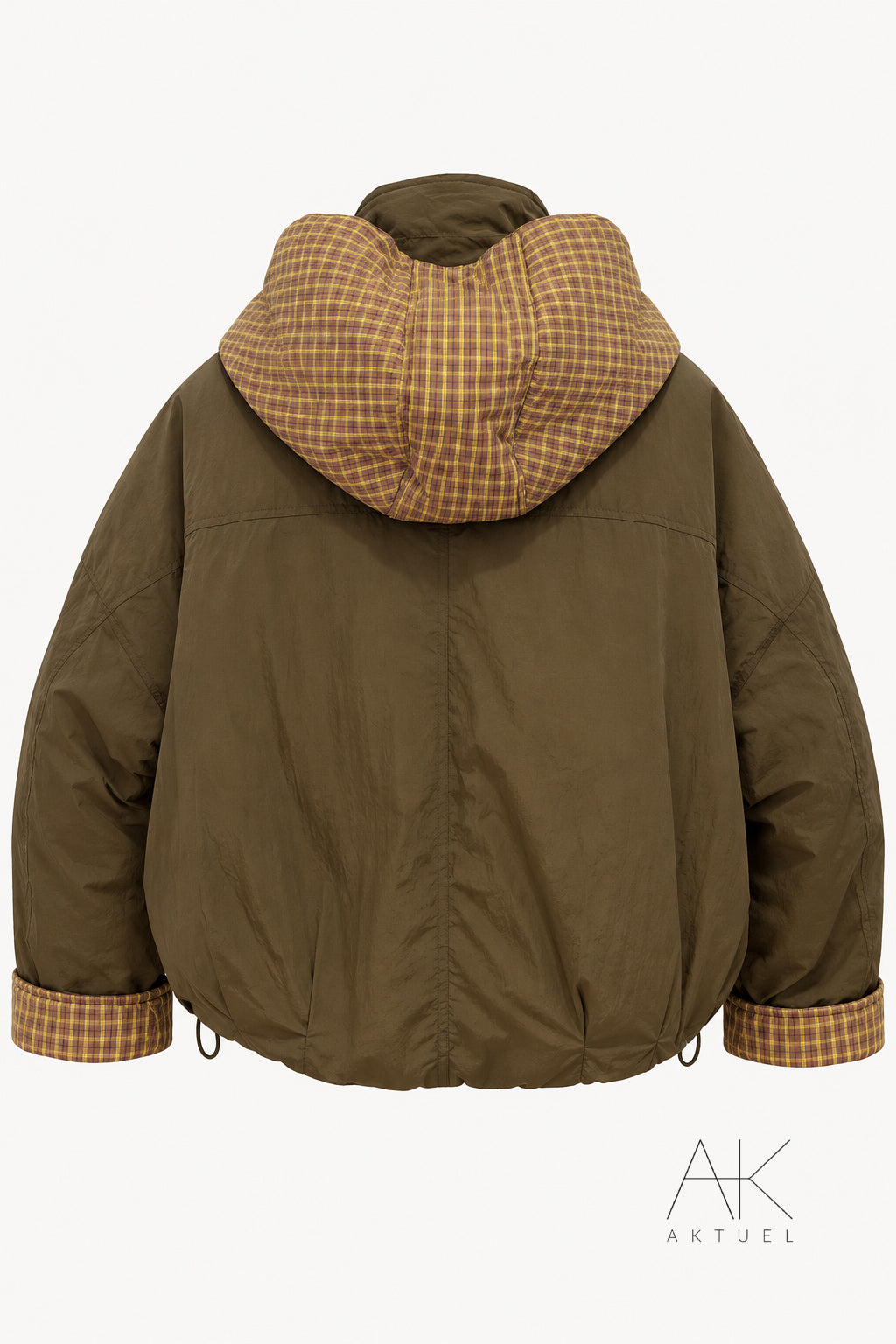 Blouson courte à capuche et détails à carreaux marron kaki