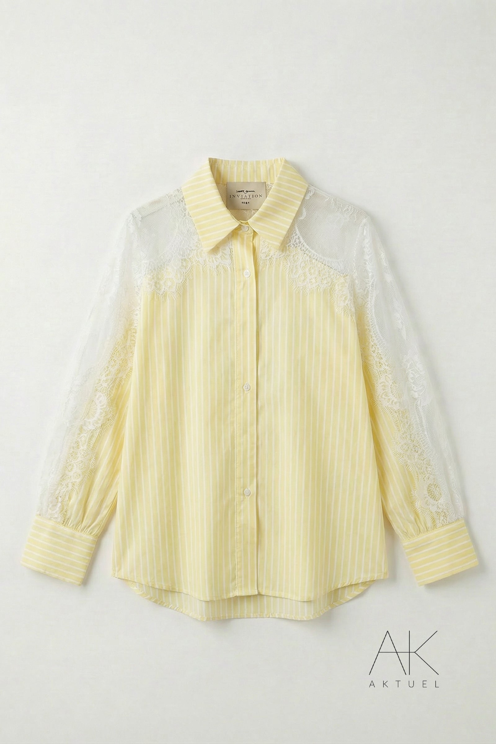 Chemise rayée dentelle jaune pastel