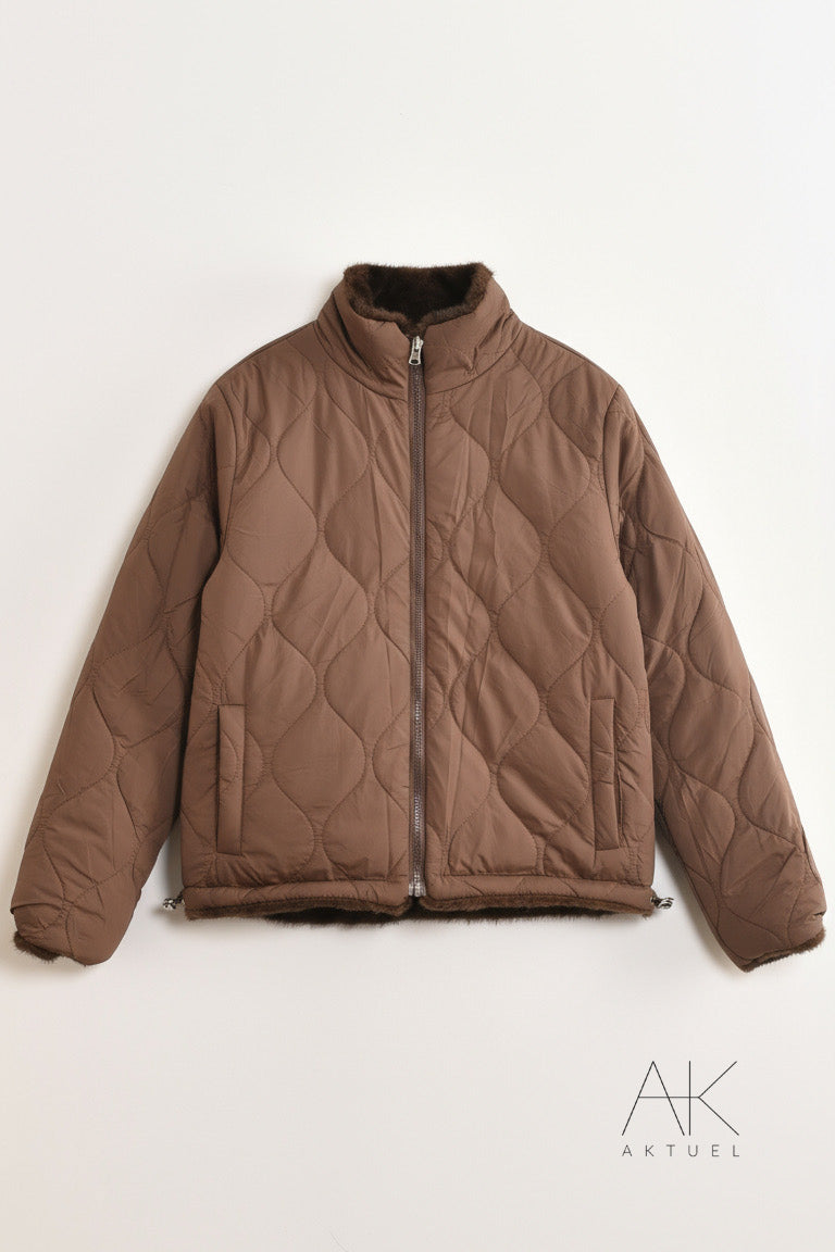 Manteau court en fourrure synthétique réversible chocolat