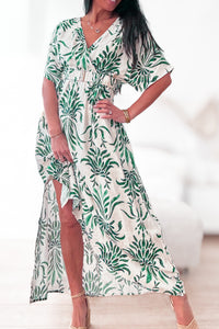 Robe longue imprimée verte et écru