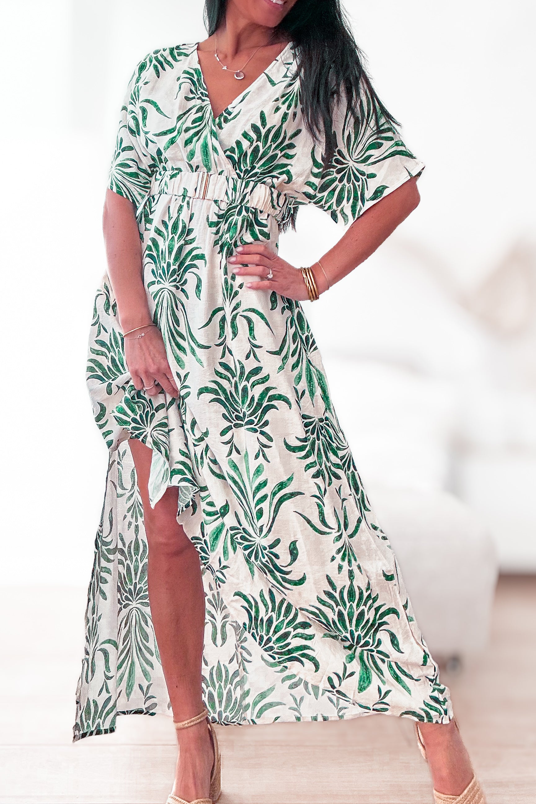 Robe longue imprimée verte et écru