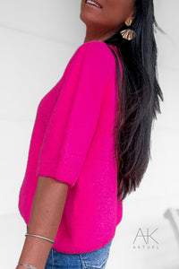 Pull fuchsia alpaga à manches courtes