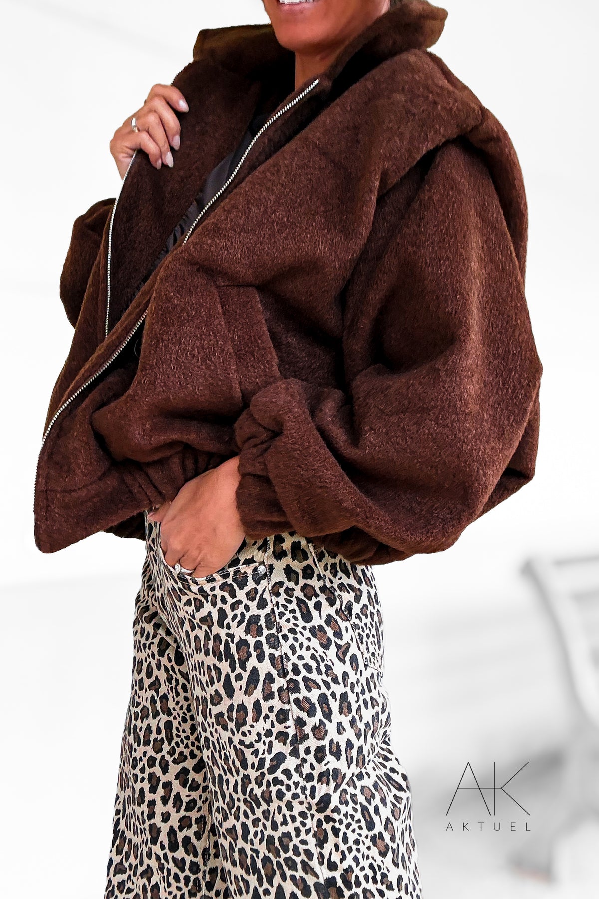 Veste courte effet laine chocolat