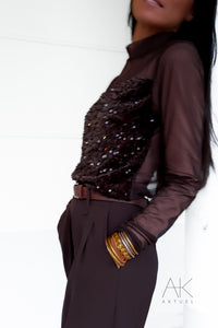 Top tulle & sequins marron