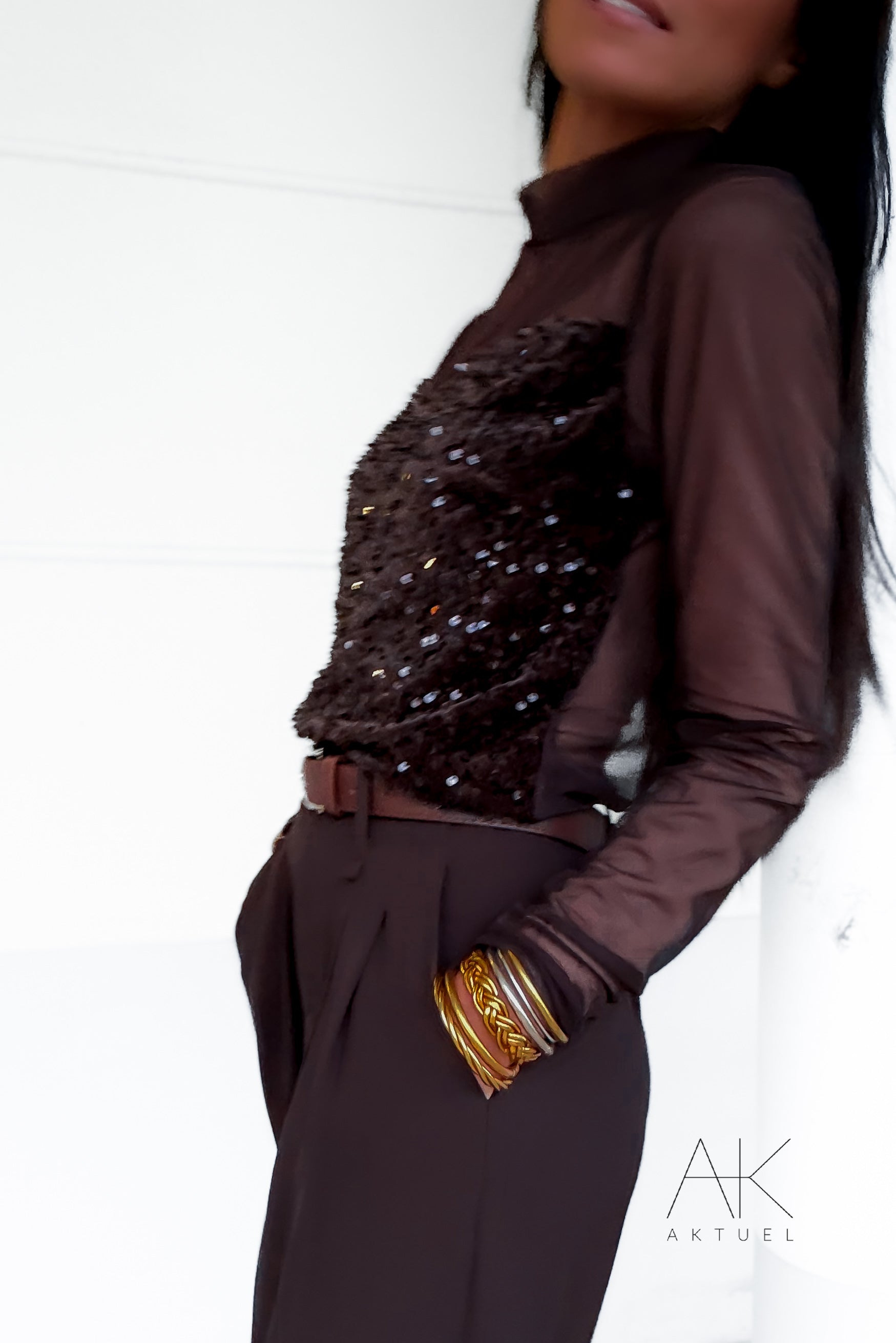 Top tulle & sequins marron