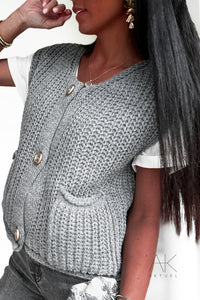 Pull en grosse maille à manches courtes gris