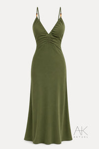 Robe longue dos nu satinée kaki