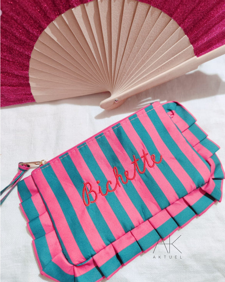 Pochette froufrou « bichette » vert/rose