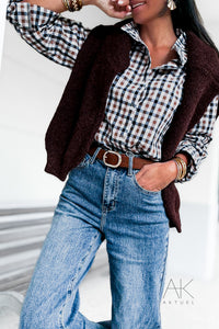 Chemise à carreaux col volant marron et noir