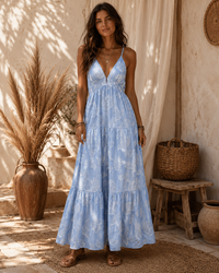 Robe longue bleu ciel fleurie