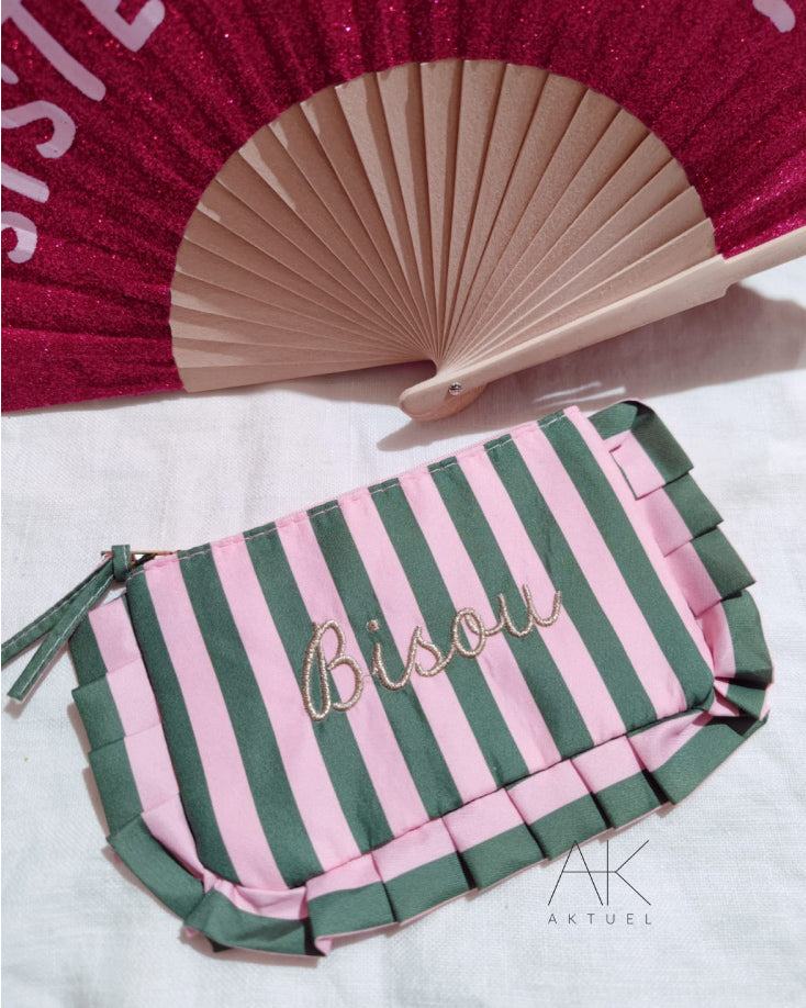 Pochette froufrou « Bisou » vert/rose