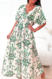 Robe longue imprimée verte et écru