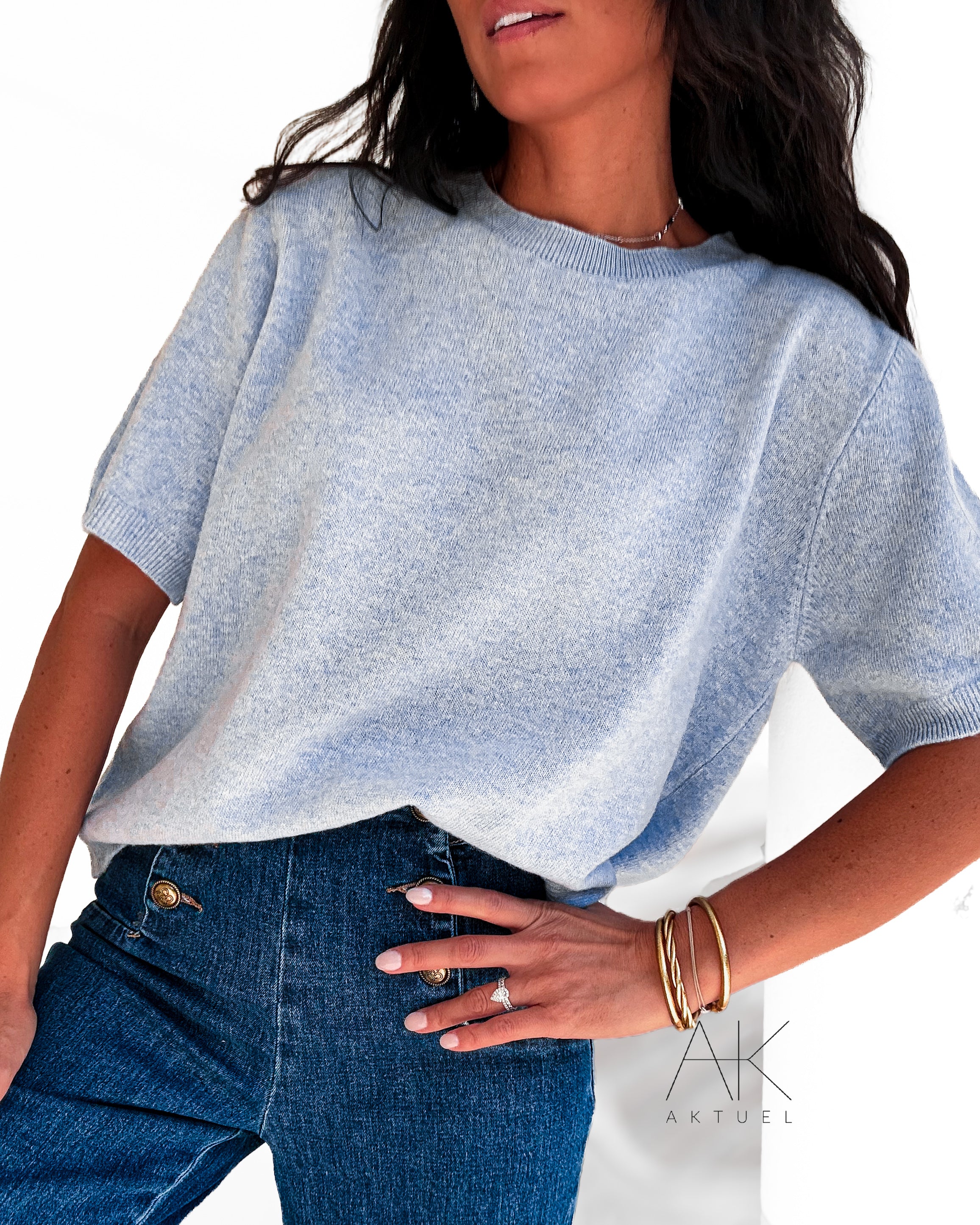 Pull bleu manches courtes 100 % laine mérinos
