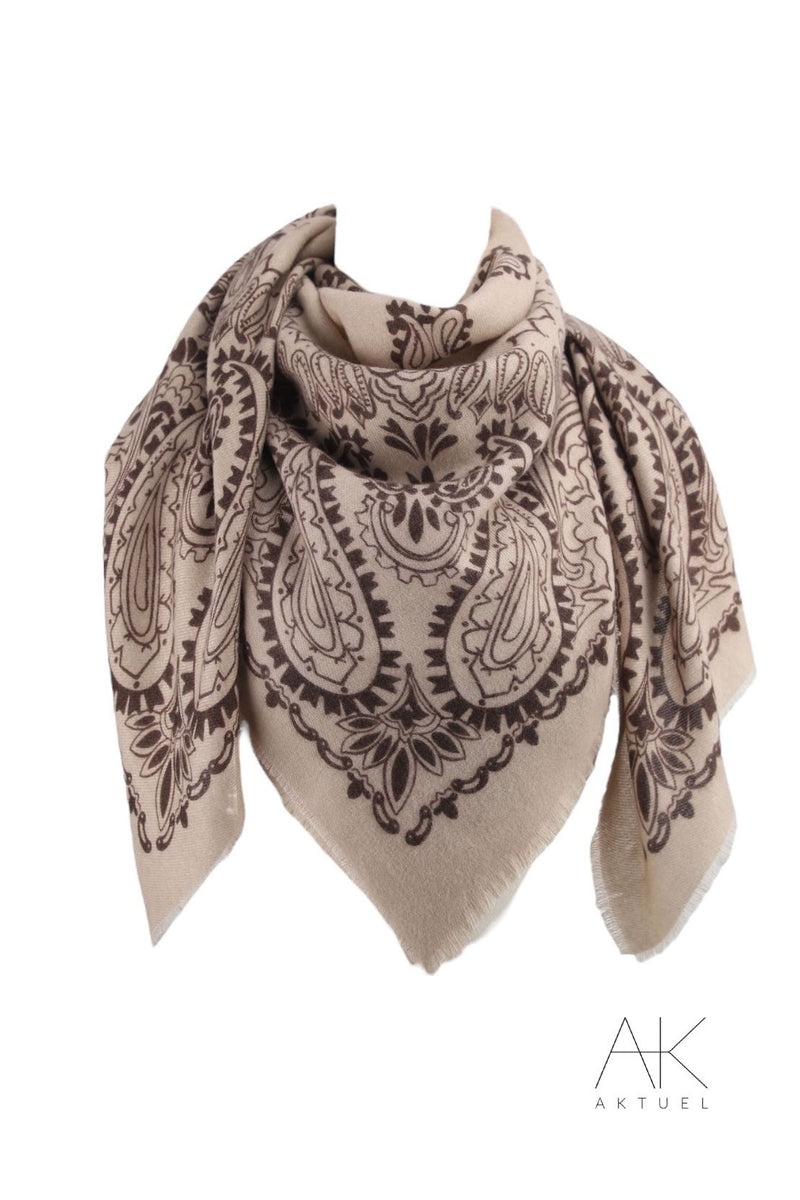 Foulard en laine à motifs cachemire beige et marron