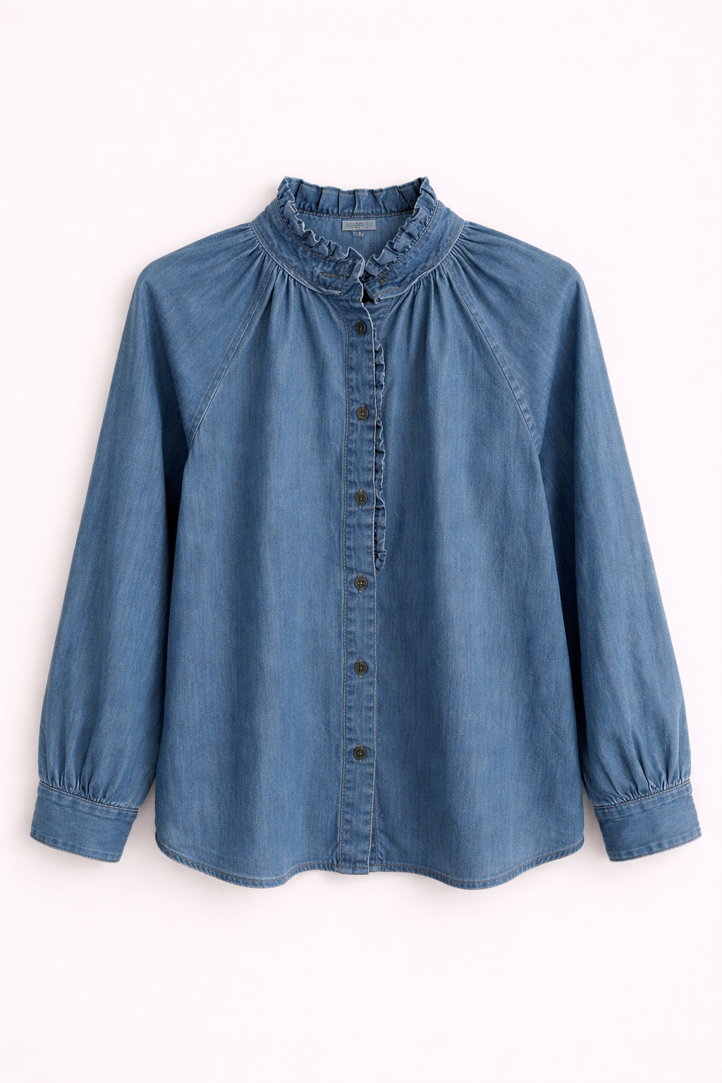 Chemise en jean bleu à col volanté