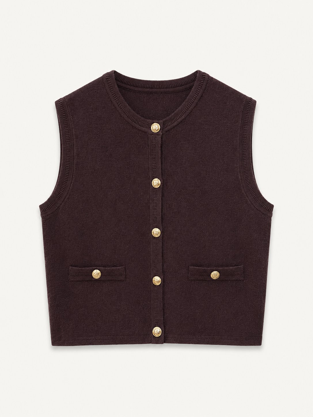 Gilet sans manche marron chocolat à boutons dorés