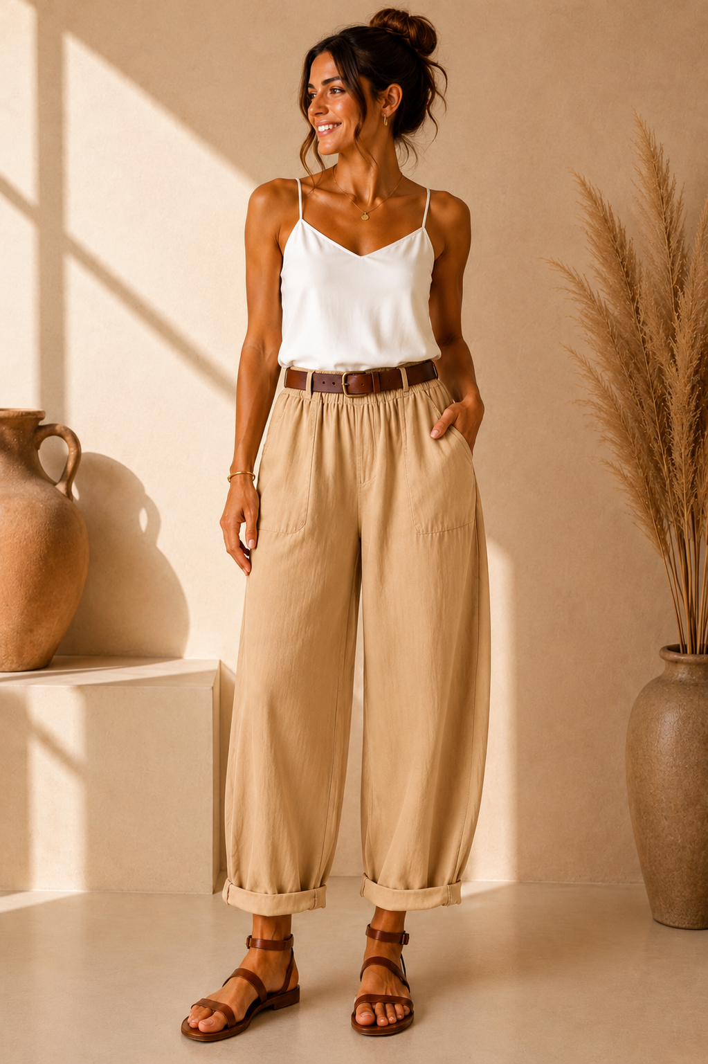 Pantalon barrel en lin camel