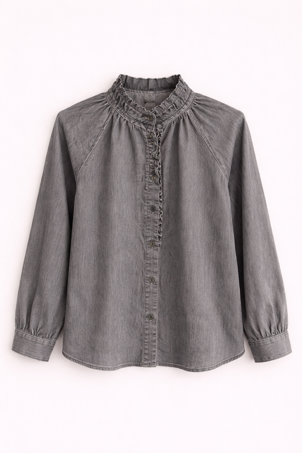 Chemise en jean gris à col volanté