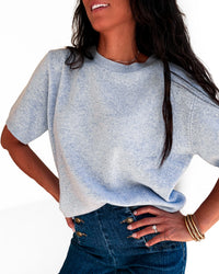 Pull bleu manches courtes 100 % laine mérinos