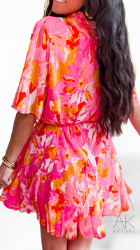 Robe courte patineuse imprimé fuchsia & corail