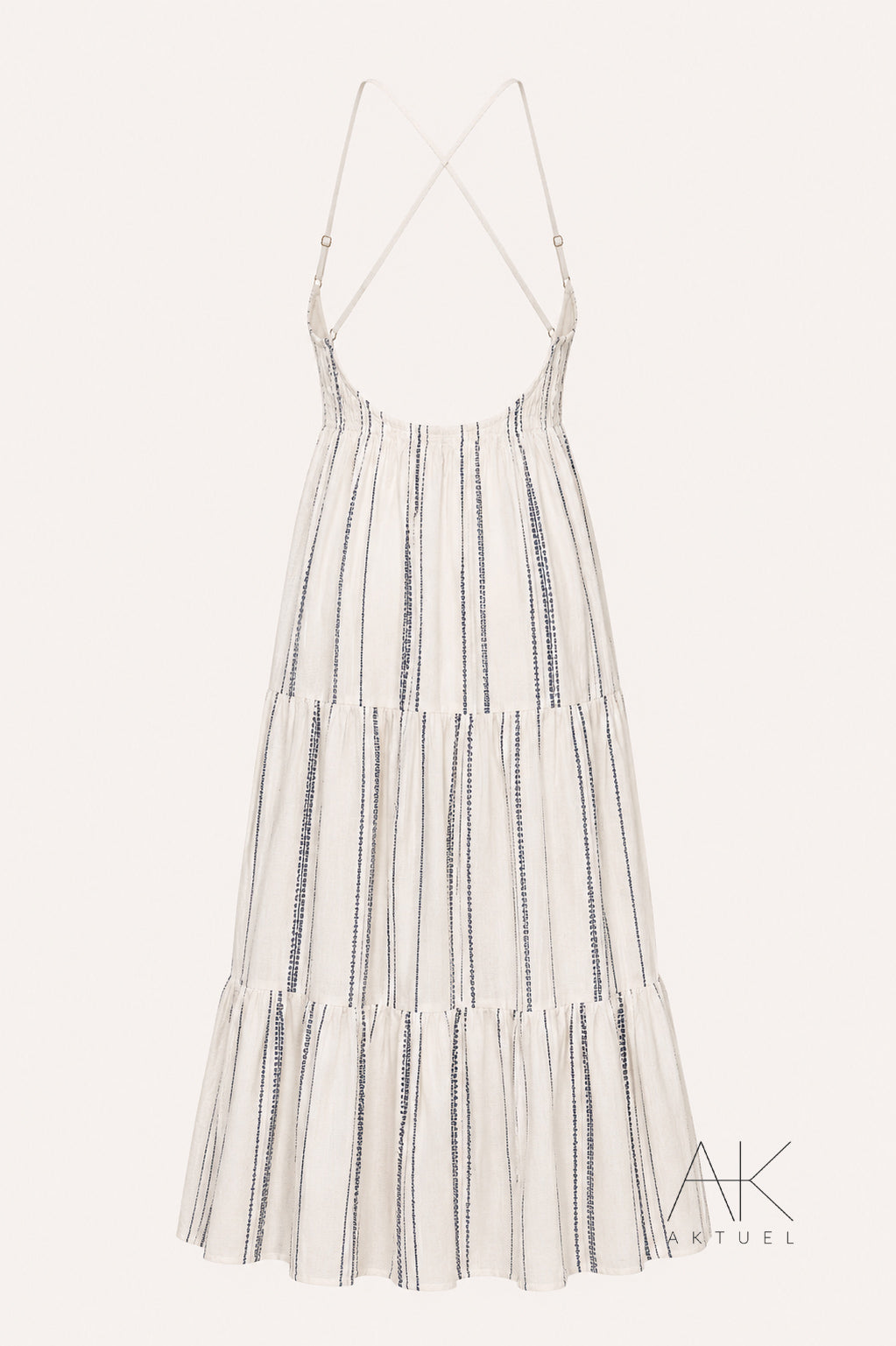 Robe longue bohème brodée écrue & marine